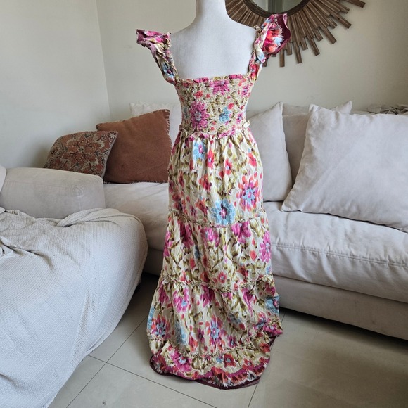 House of Harlow 1960 Size S Multicolor Floral Smocked Maxi Dress Boho Tiered - Picture 5 of 9
